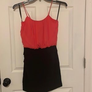 Size small, black and pink spaghetti strap, mini dress, pleated bottoms